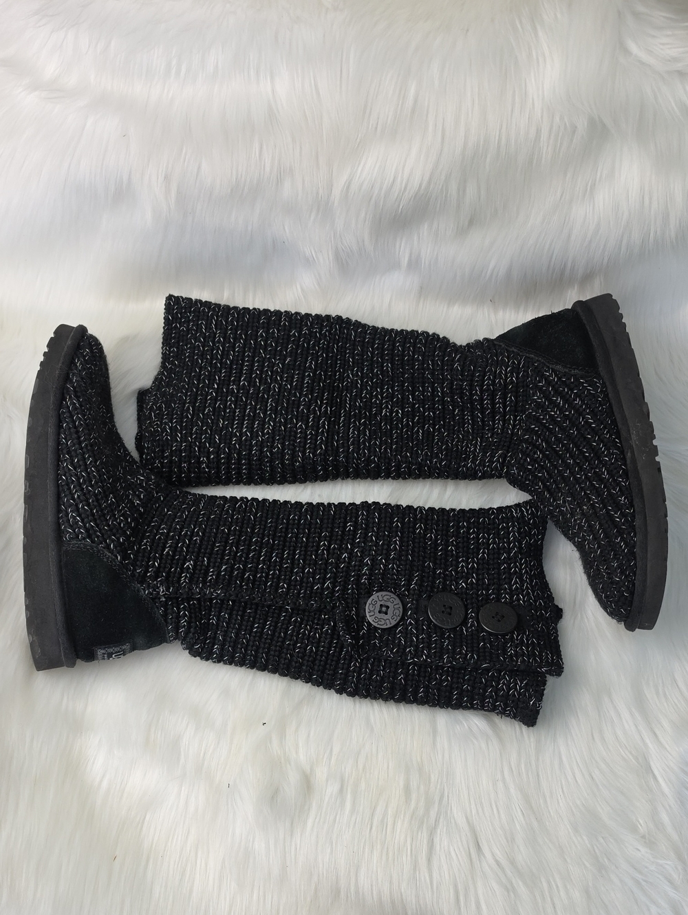 UGG Classic Cardi Black Knit Silver Metallic Tinsel Sweater Slouchy Tall Boots 8